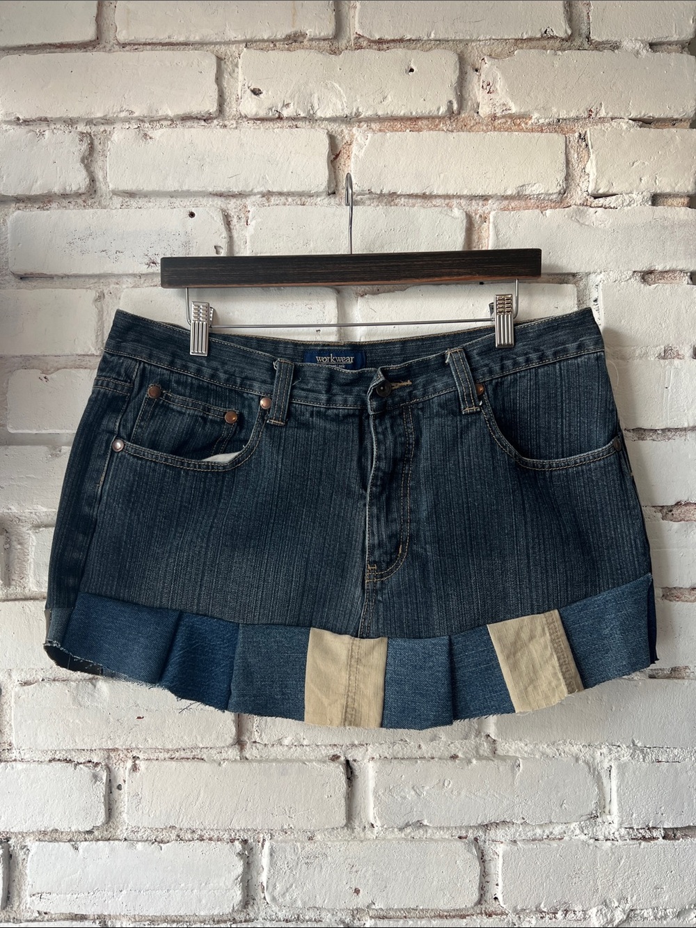 Wrangler Two-Tone Denim Mini Skirt with Contrast Patch Panel Upcycled denim skir
